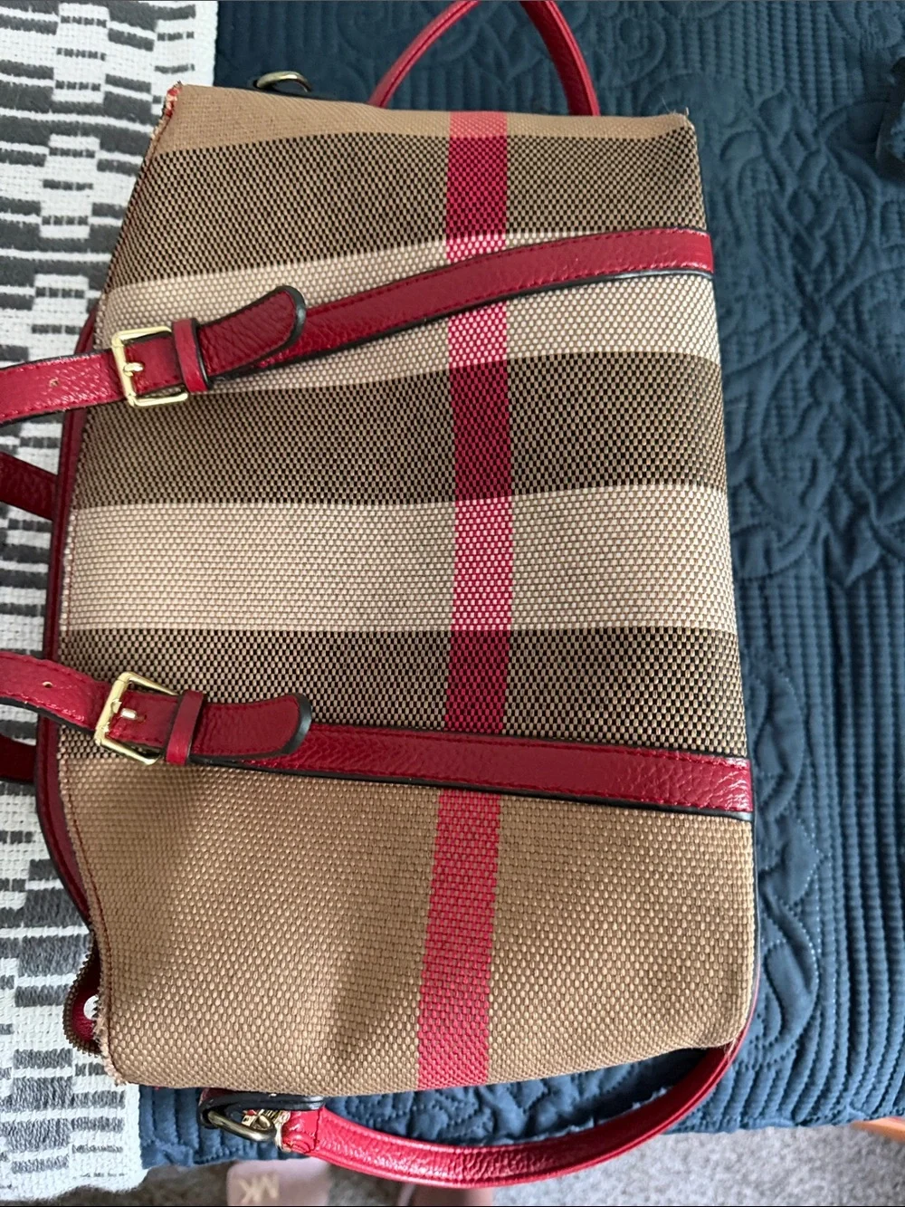 Beige Check Canvas Shoulder Bag with Red Leather Trim